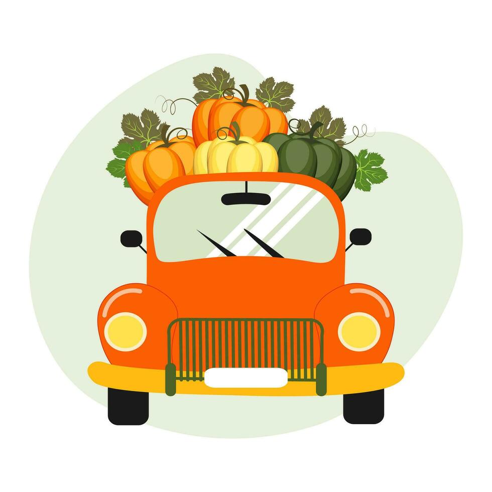 Thanksgiving illustration. Colorful pumpkins in a retro car. Postcard, vector