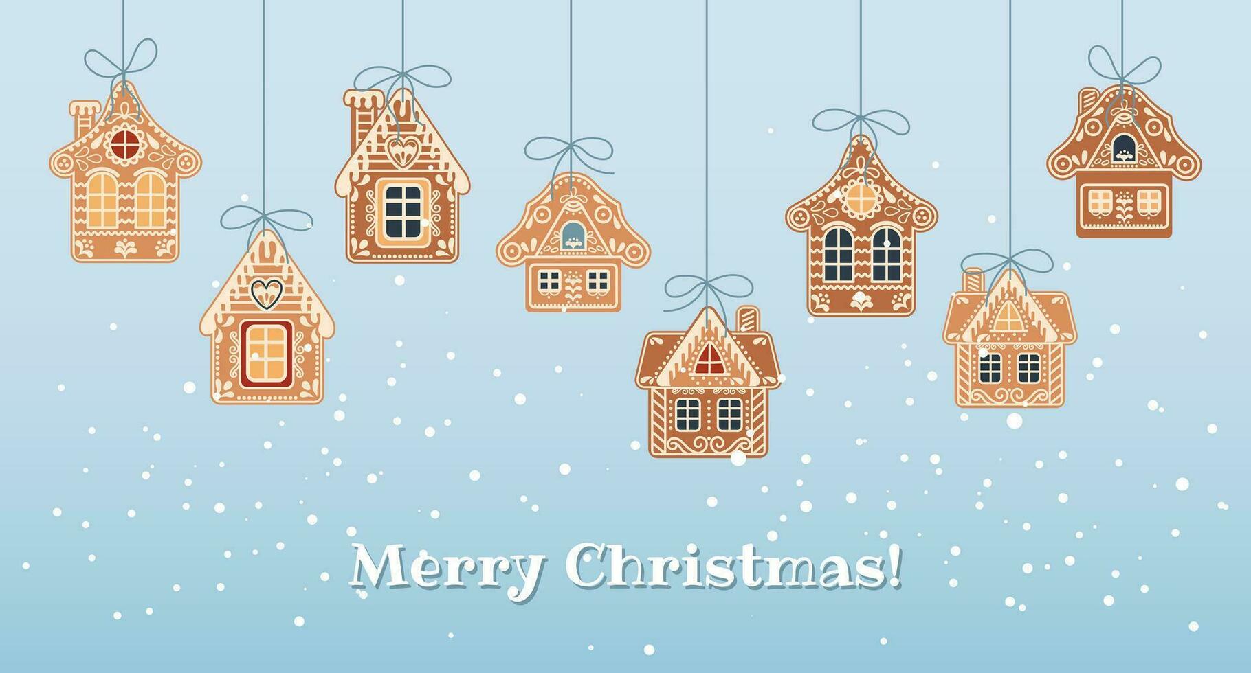 Christmas background with hanging cute gingerbread houses in the snow, greeting card template. Illustration in flat style. Vector