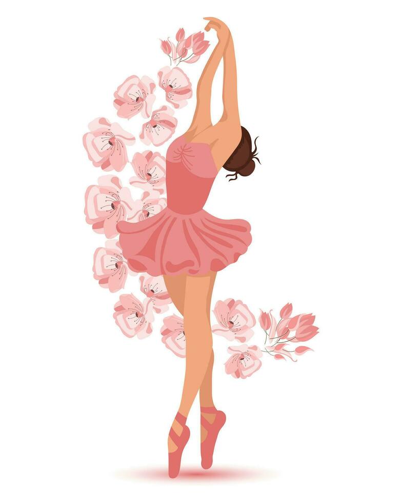 An elegant dancing ballerina in a pink dress and pointe shoes and flying flowers. Illustration, vector