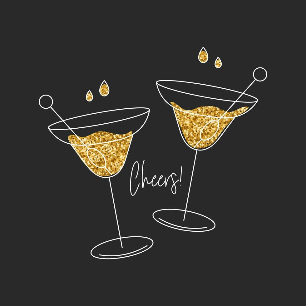 Champagne glasses, martini glasses with gold glitter. Holiday Card, flat illustration, print, vector