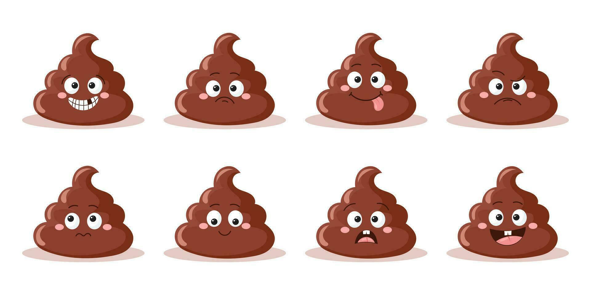 Set of cute cartoon characters poop icons on white background. Different emotions poop. Smiling poop, anger, bewilderment, joy, disappointment. Vector