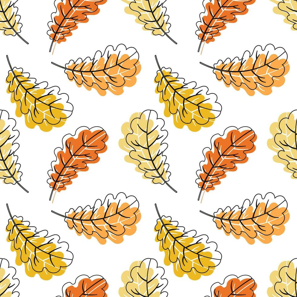 Seamless pattern, autumn oak leaves, black outline with pastel colors. Background, textile, print, vector