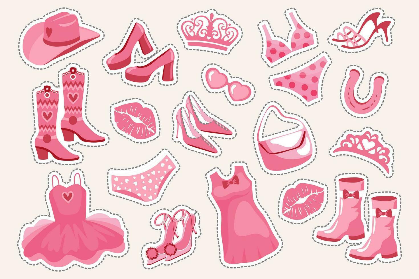 Princess sticker set. Pink fashion set, accessories and clothes for a pink doll. Crown, dress, shoes, cowboy hat, boots, bag, glasses. Vector