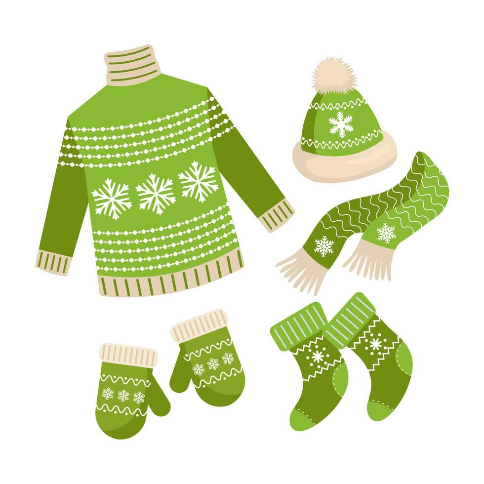 Christmas set of clothes, sweater, socks, hat, scarf and mittens. Green design with snowflakes. Illustration, vector