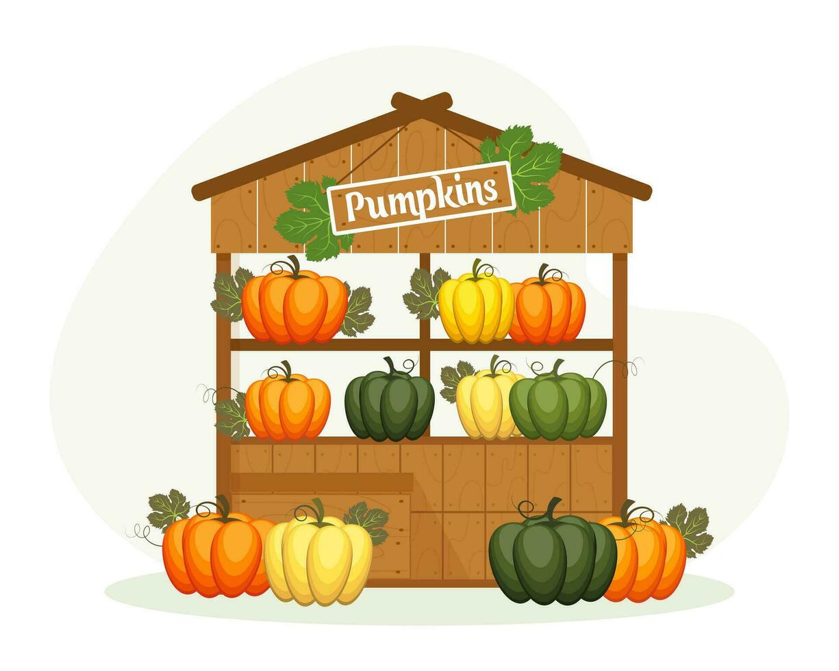 Street wooden trading shop with autumn pumpkins. Thanksgiving greeting card, illustration, vector