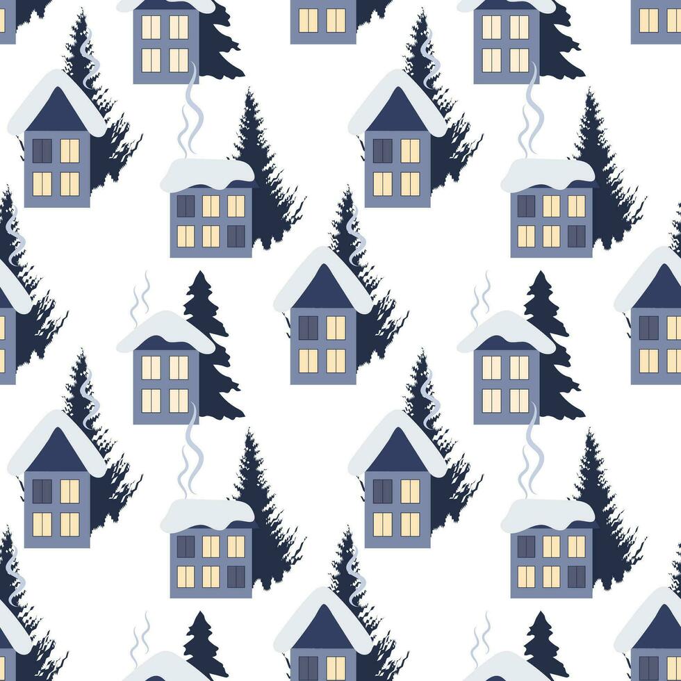 patrón impecable, casas rurales cubiertas de nieve con abetos. fondo de invierno, impresión, textil, vector