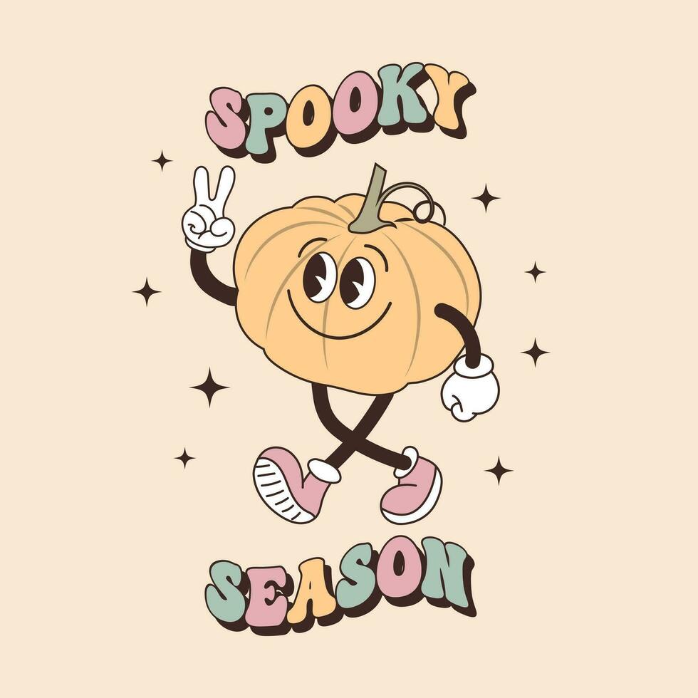 Groovy lettering card for halloween. Spooky season calligraphy and cute funny pumpkin character. Retro design for posters, cards, t shirts vector