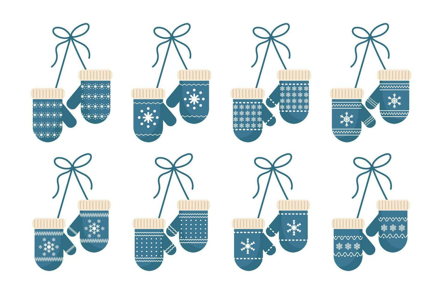 Winter mittens with snowflake ornament, set. Winter clothes and accessories. Icons, vector