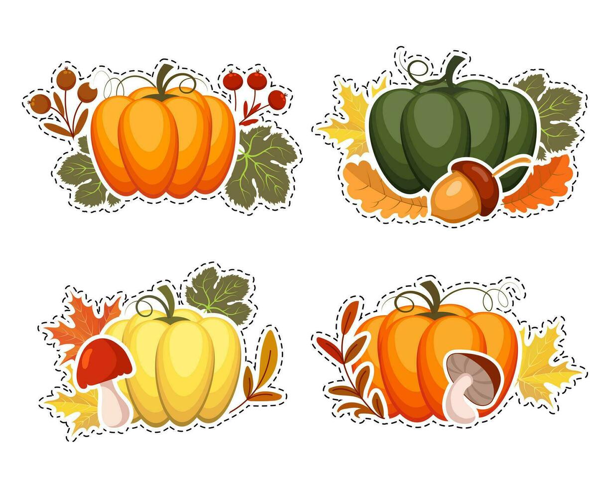 Set of autumn stickers, pumpkins, acorns, mushrooms and autumn leaves and rowan. Illustration, icons, template, vector