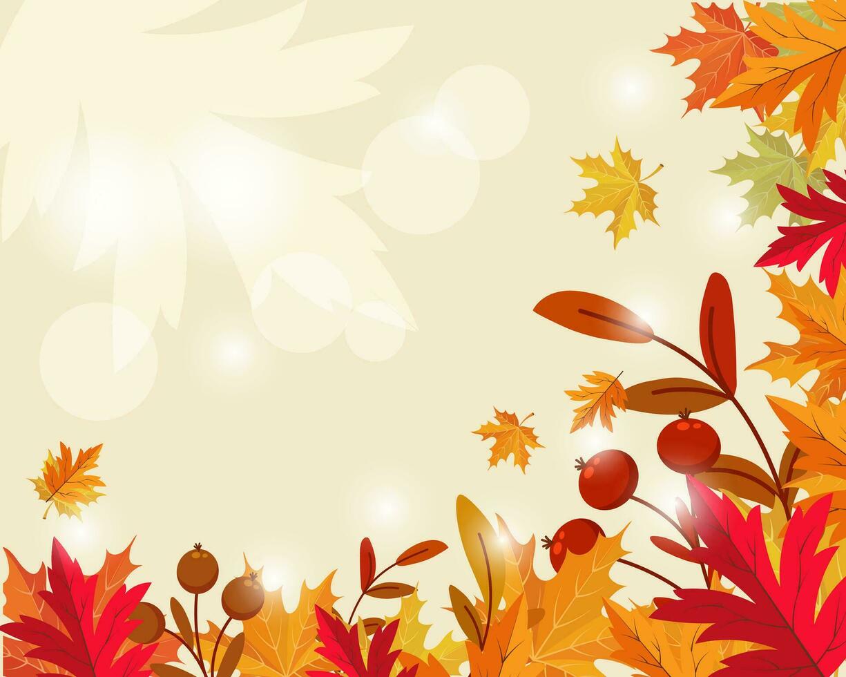 Frame with autumn maple leaves and rowan branches on a light background with sun glare. Autumn illustration, vector