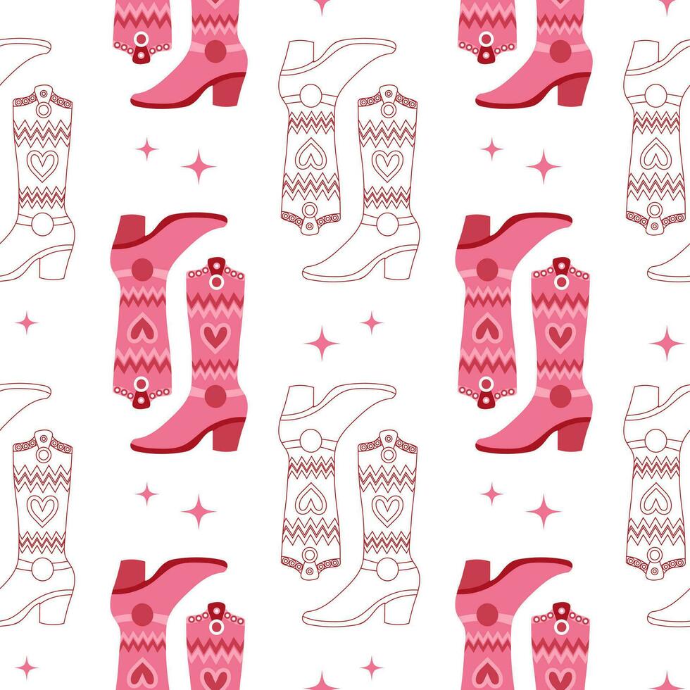 Retro seamless pattern with Cowgirl pink cowboy boots. Print in the style of the Wild West for textiles, wrapping paper, packaging. Vector