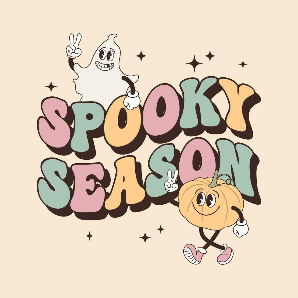 Groovy lettering card for halloween. Spooky season calligraphy and ghost and pumpkin characters. Retro design for posters, cards, t shirts vector