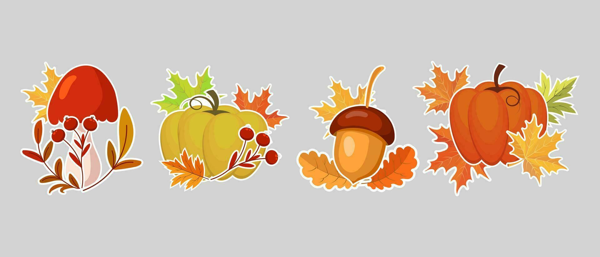 Set of autumn stickers, pumpkins, acorns, mushrooms and autumn leaves and rowan. Illustration, icons, template, vector
