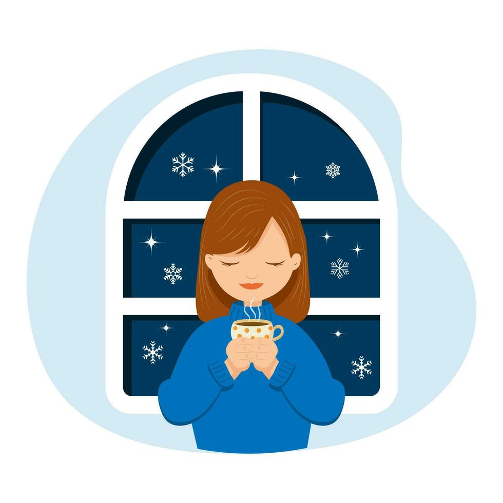 Cute girl in a sweater with a cup of tea near the window with snowflakes. Winter illustration, print, vector