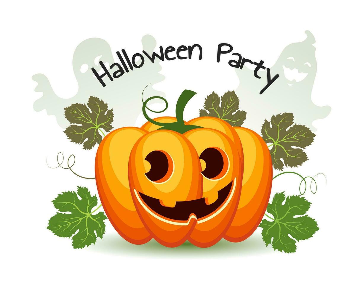 Merry haunted pumpkin and Halloween text. Festive illustration, poster, vector