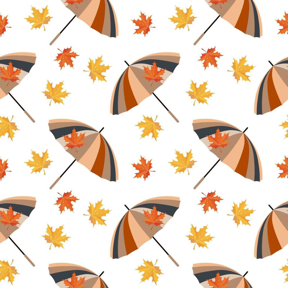 Seamless pattern, umbrellas with autumn leaves. Print, background, vector