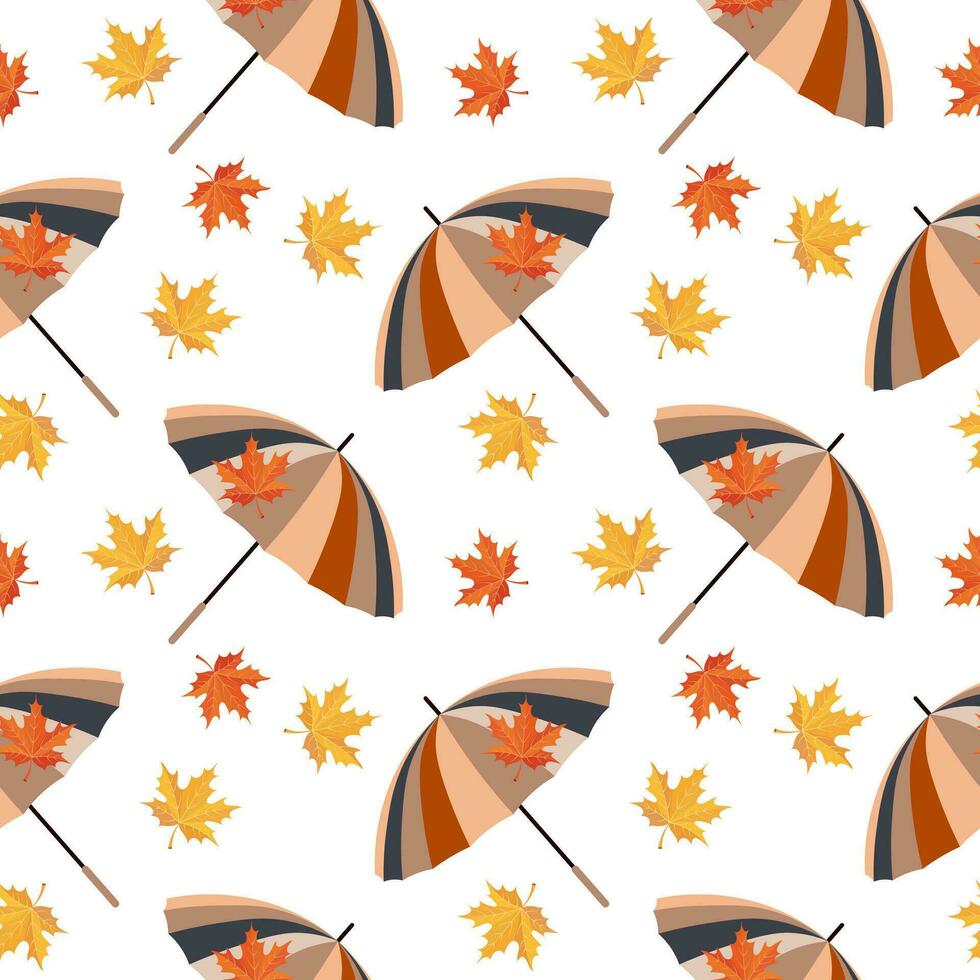 Seamless pattern, umbrellas with autumn leaves. Print, background, vector