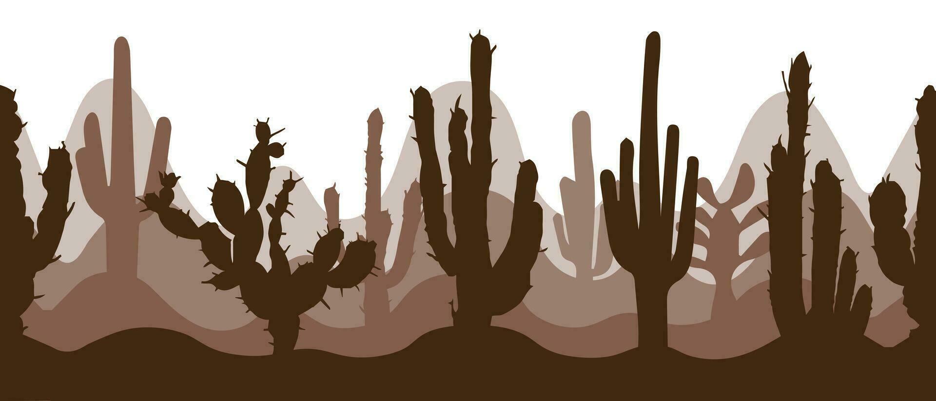 paisaje desértico con diferentes cactus. borde sin costuras, fondo, vector