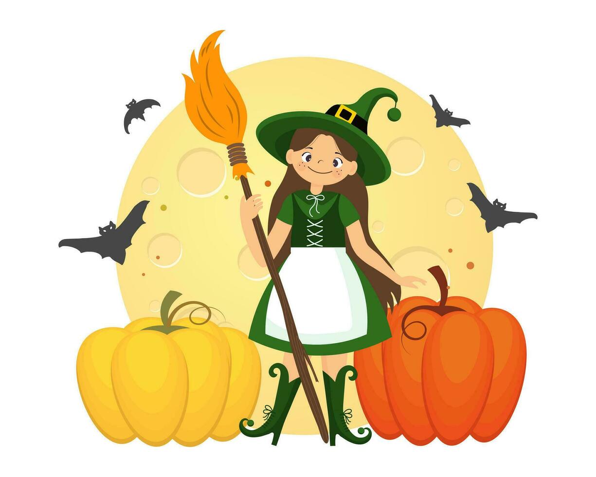 Cute little witch with broom, moon, pumpkins and bats. Halloween illustration in cartoon style, vector