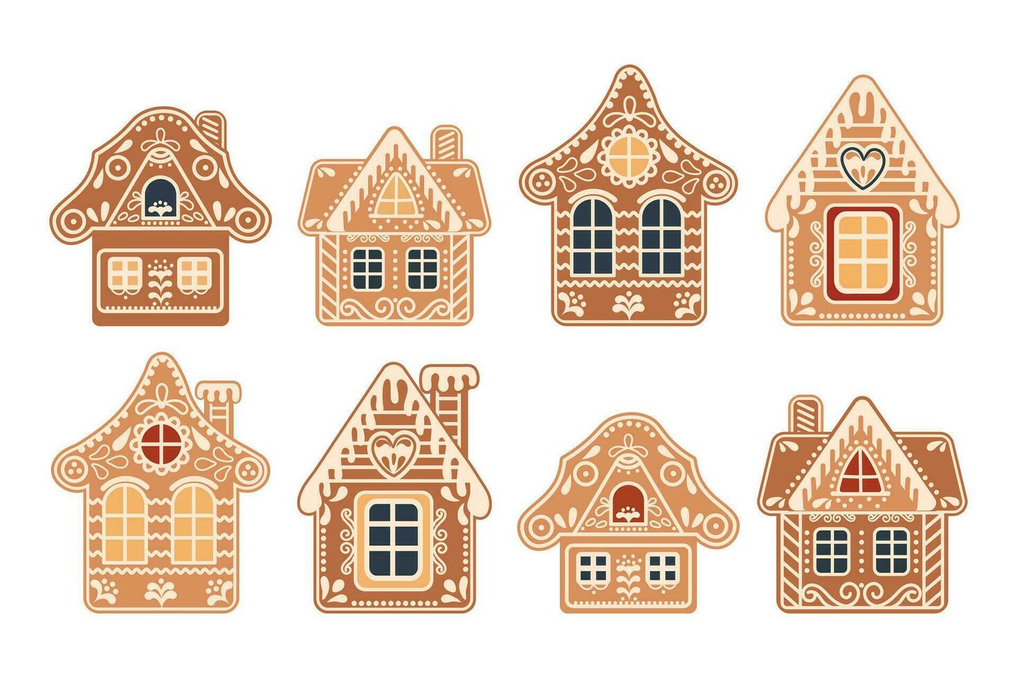 A set of cute gingerbread houses. Festive decor elements, traditional symbols illustration in flat cartoon style. Vector