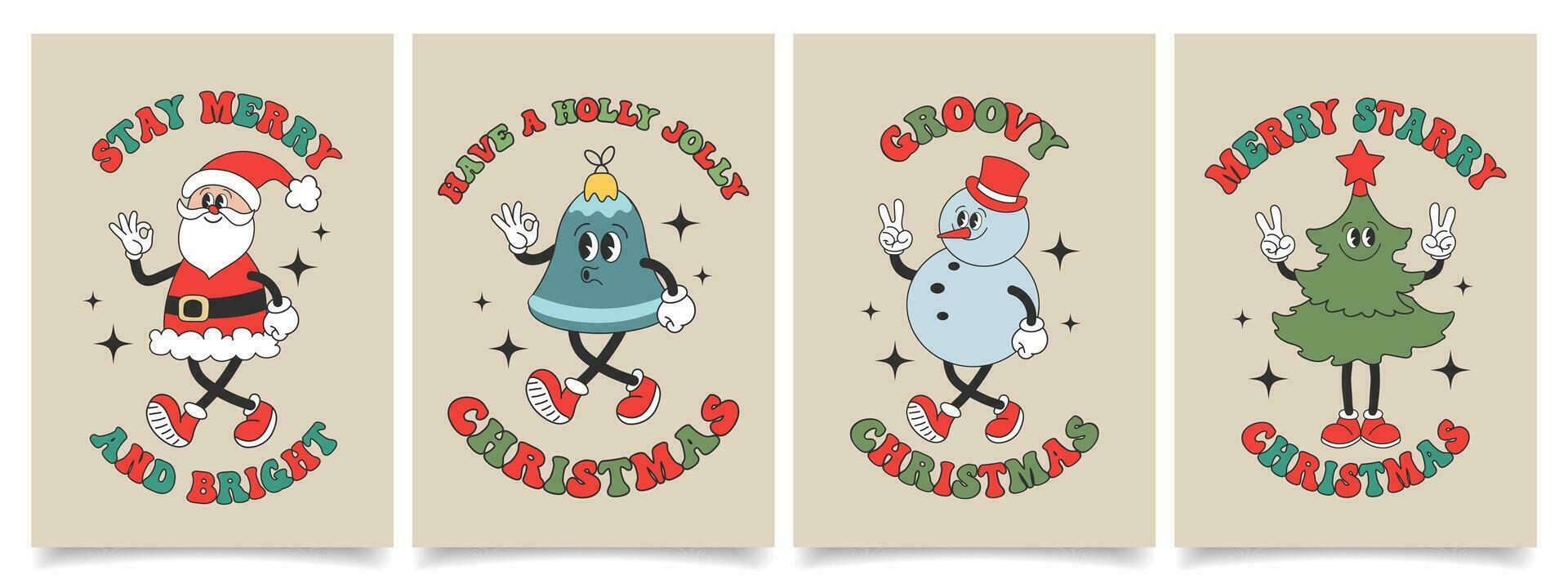 Set of Christmas cards with retro Groovy hippie characters. Snowman, Santa Claus, Christmas tree, jingle bell. Holiday illustrations in trendy cartoon style. Vector