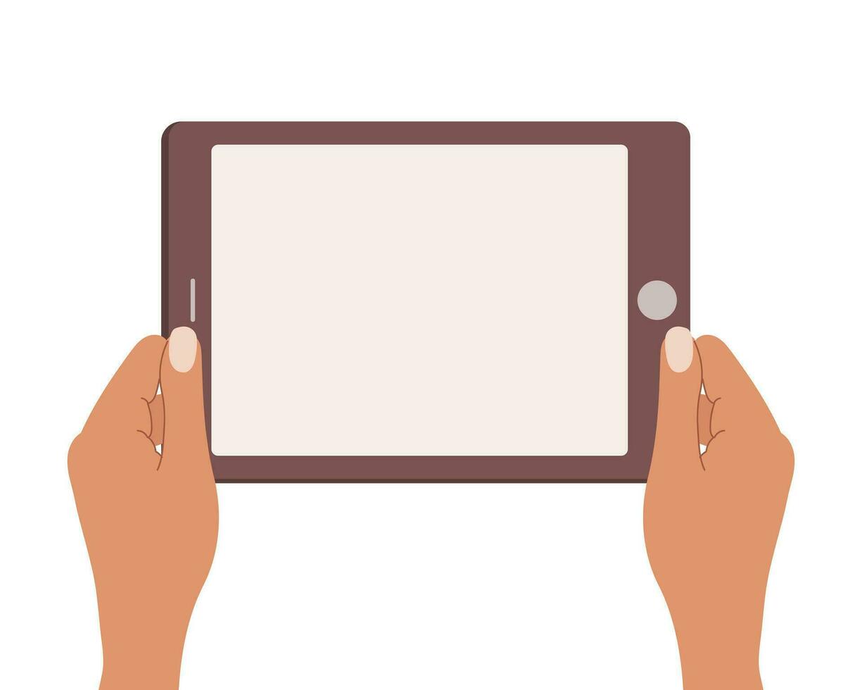 manos participación un blanco pantalla de un tableta computadora. tableta ordenador personal usar, plano diseño. vector