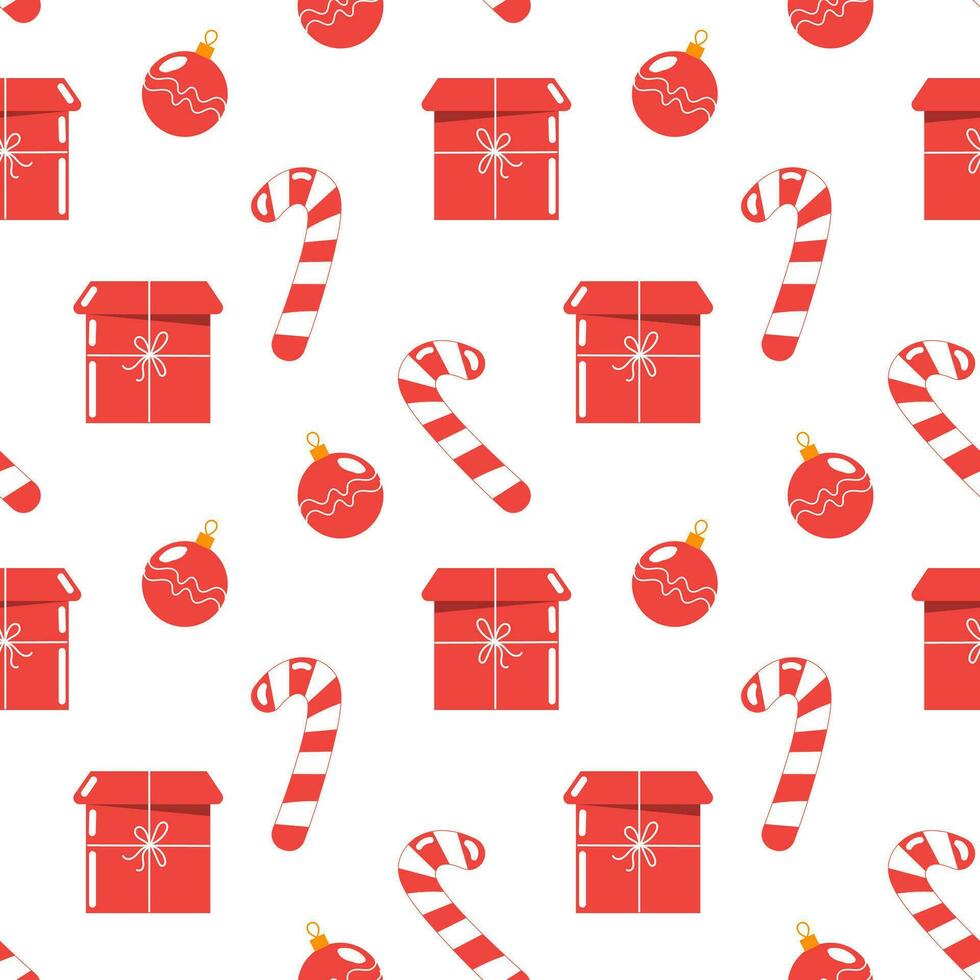 Seamless pattern, candies, gifts and Christmas balls, red and white design. Christmas print, textile, background, vector