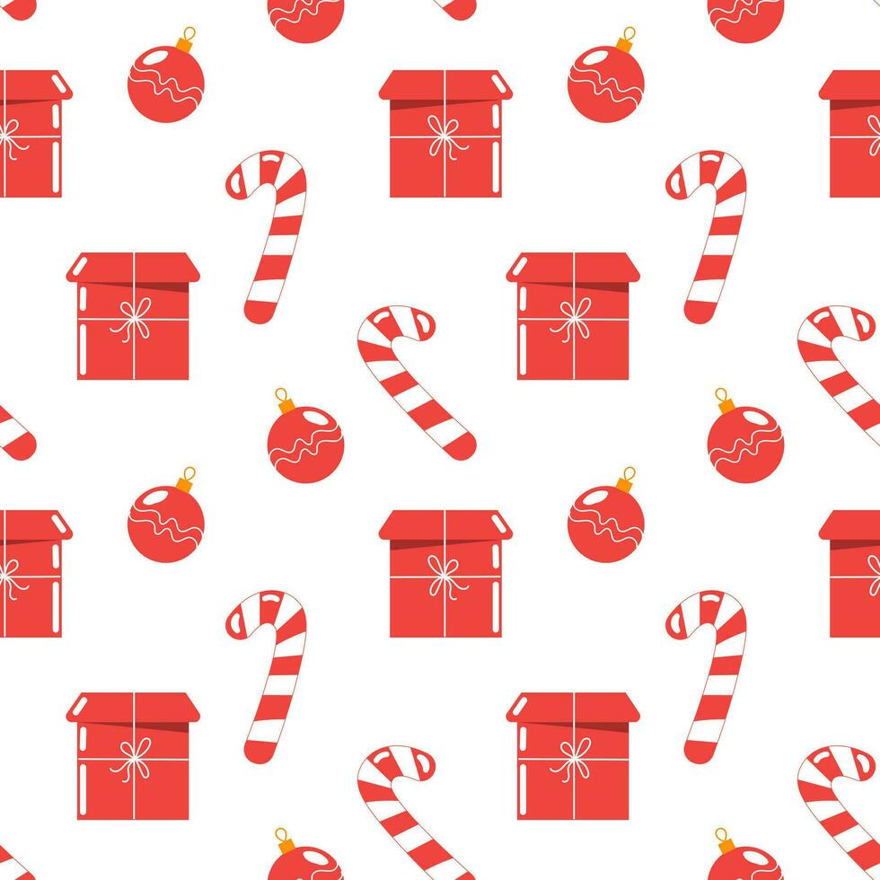 patrones sin fisuras, dulces, regalos y bolas de navidad, diseño rojo y blanco. estampado navideño, textil, fondo, vector