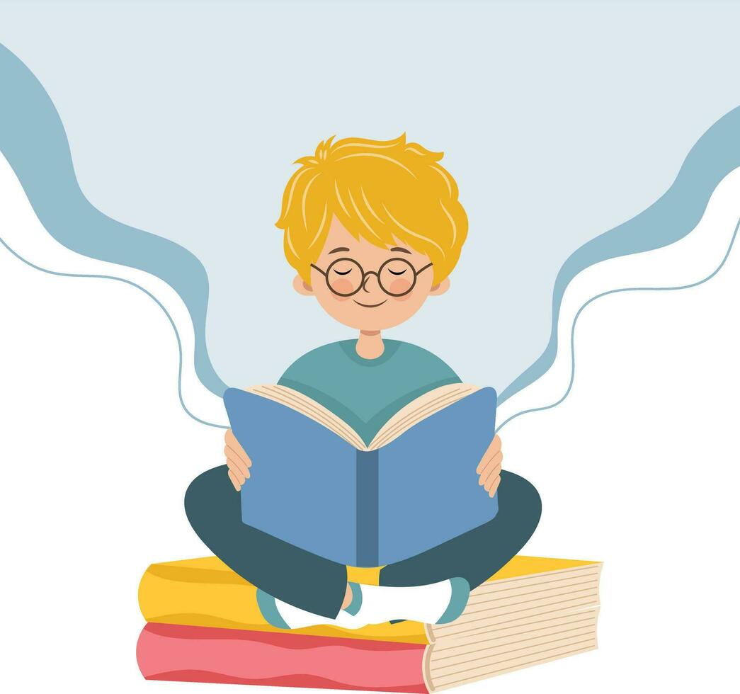 Cute boy reading a book or studying. Book lovers, readers, fans of modern literature, banner template. Education or training event concept. Vector