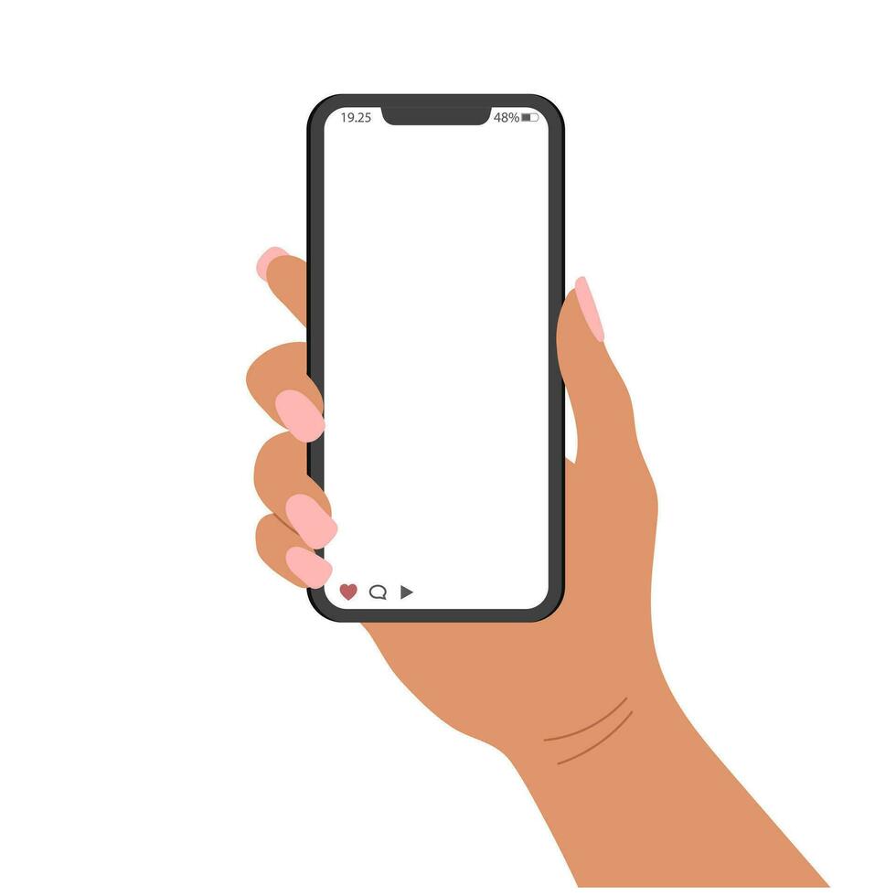 Hand holding a blank screen of a mobile phone, smartphone. Mobile phone use, flat design. Vector