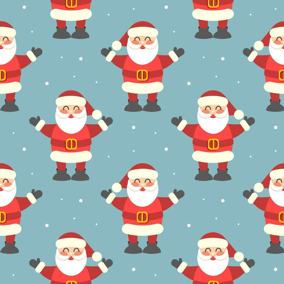Seamless pattern, cute funny Santa on a blue background with snowflakes. Christmas print, textile, background, vector