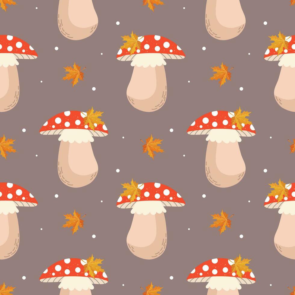 Seamless pattern, cute fly agaric mushrooms and autumn leaves on a gray background. Print, background, vector