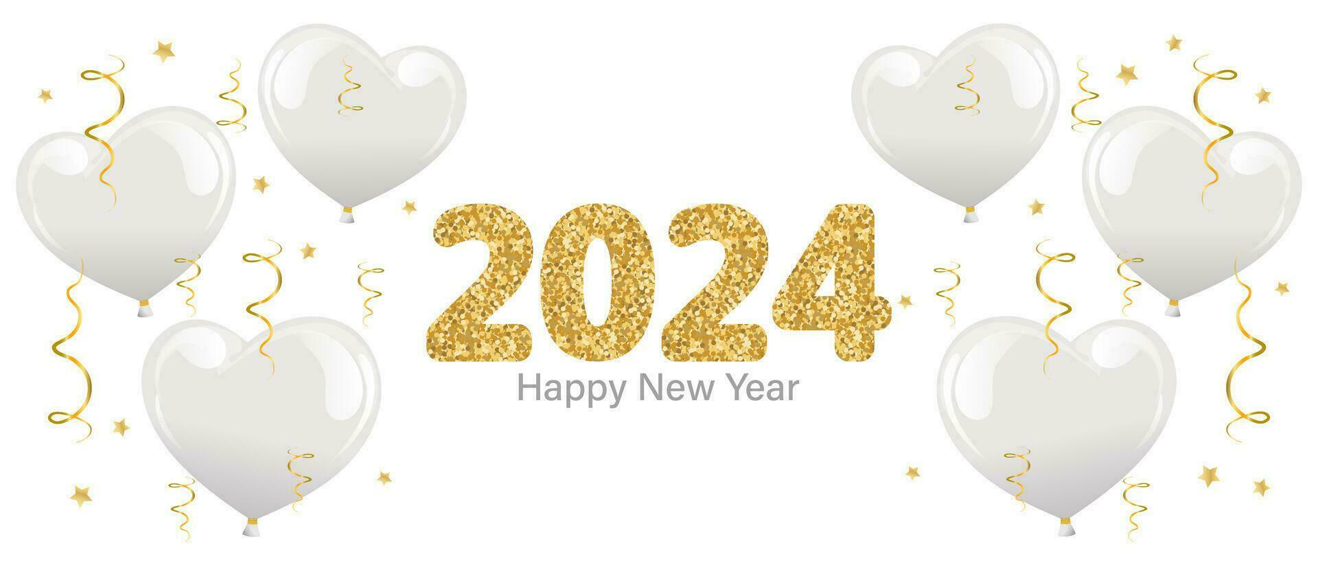 Happy New Year 2024. Christmas background with gold glitter numbers 2024 and heart balloons on a white background. Template, banner, vector