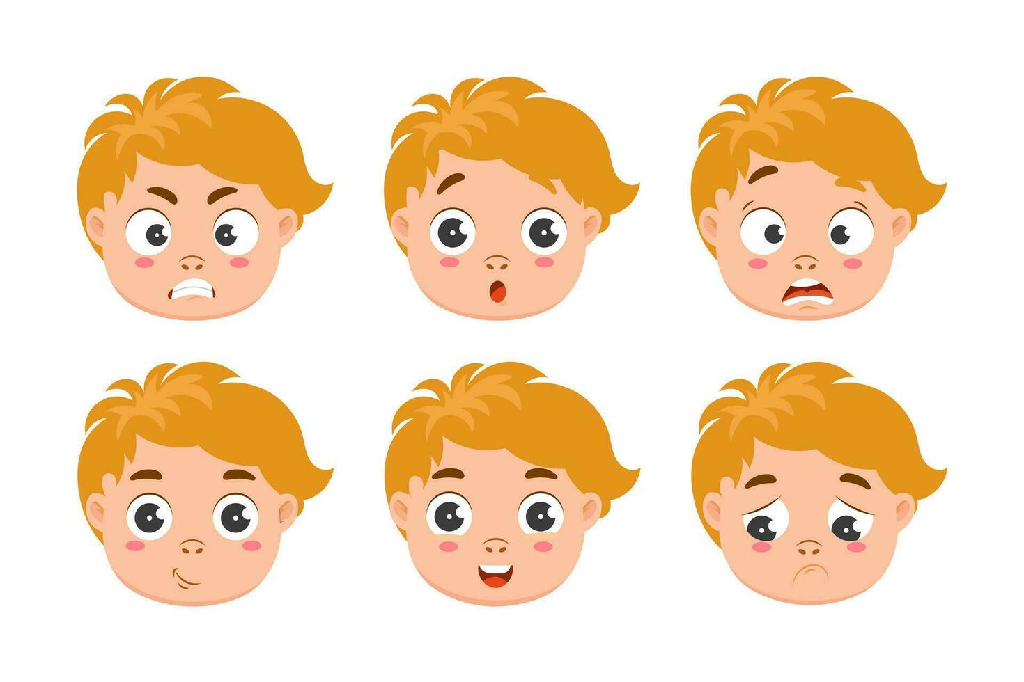 Set of boy faces with different emotions. Icons, vector