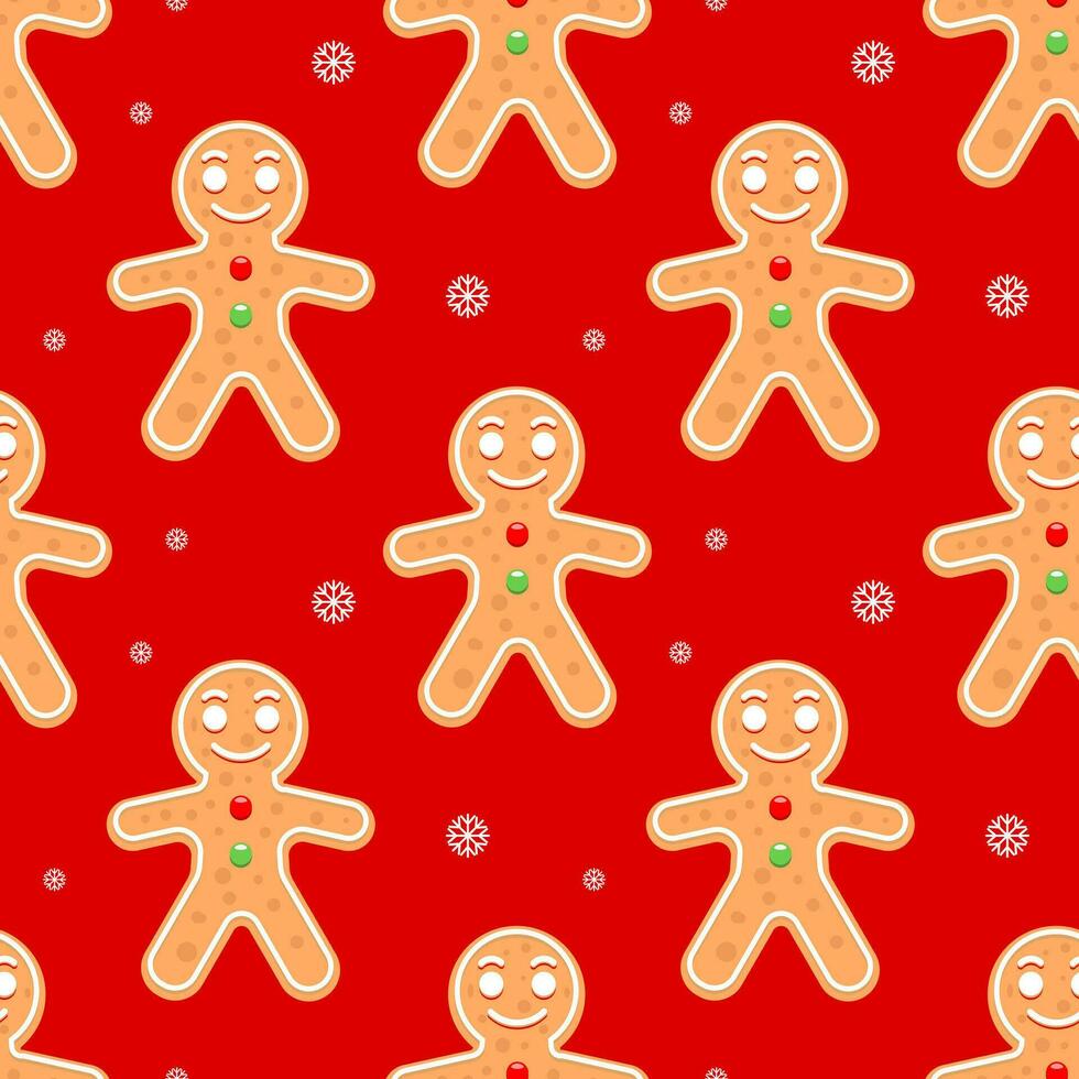 Seamless pattern, cute gingerbread men on a red background with snowflakes. Christmas print, textile, background, vector