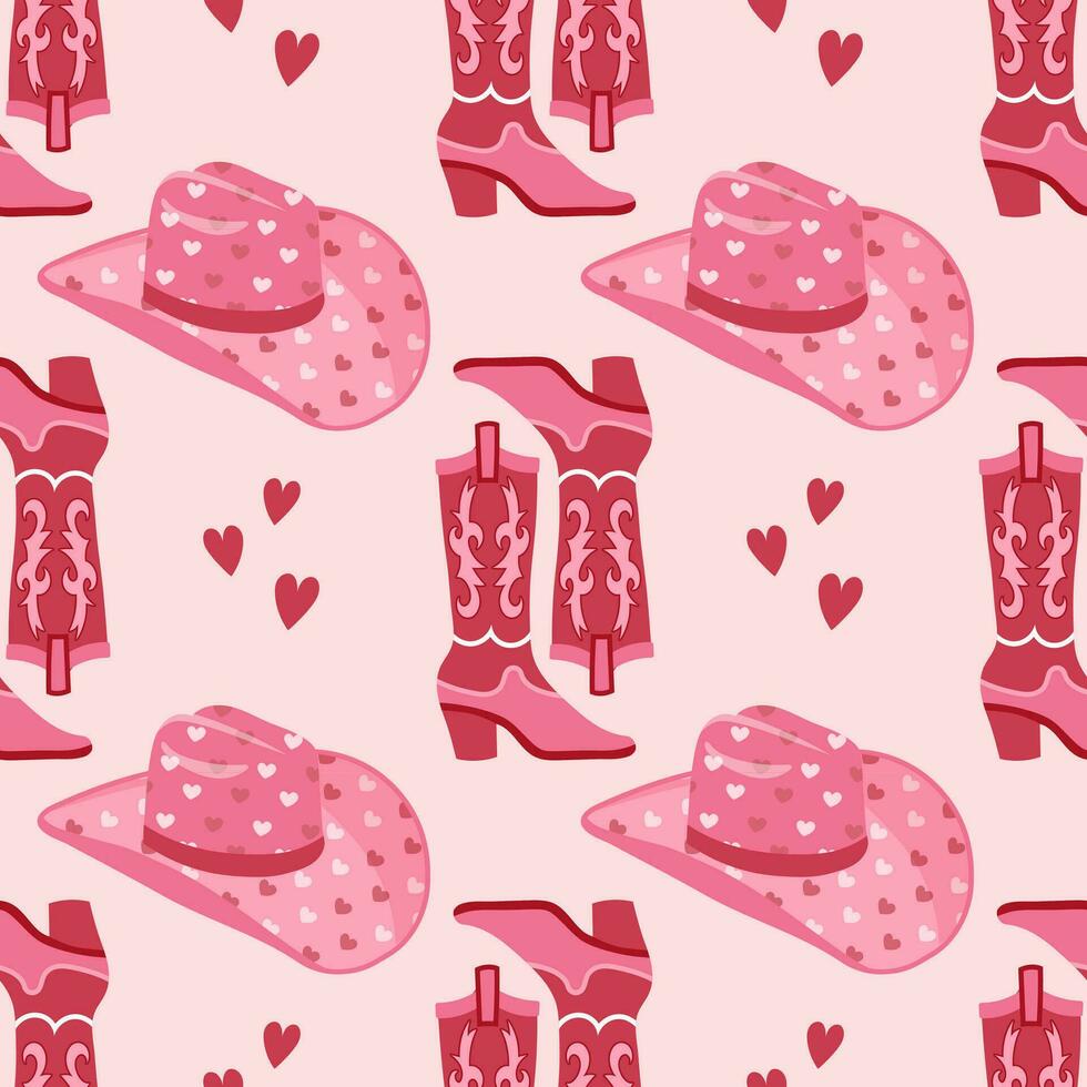 Cute pink seamless pattern with retro cowgirl hats and cowboy boots. Background, print for girls. Vector