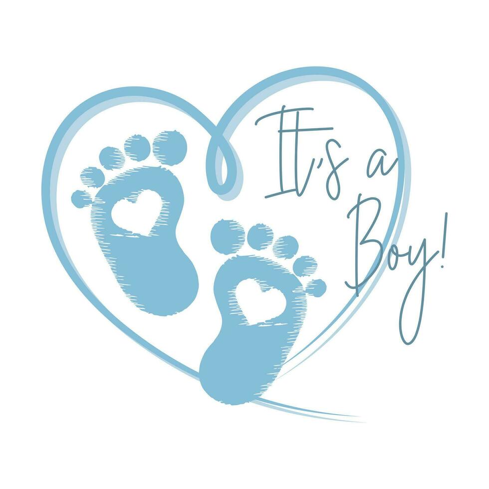 Blue heart with baby footprints and the inscription it's a boy. Newborn baby icon, symbol, print, postcard, vector