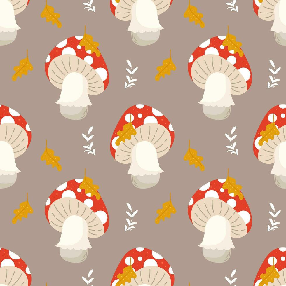 Seamless pattern, cute fly agaric mushrooms and autumn leaves on a gray background. Print, background, vector