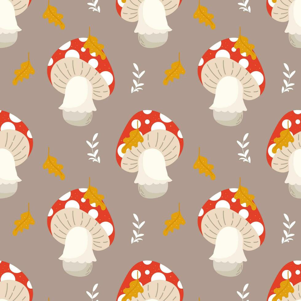 Seamless pattern, cute fly agaric mushrooms and autumn leaves on a gray background. Print, background, vector