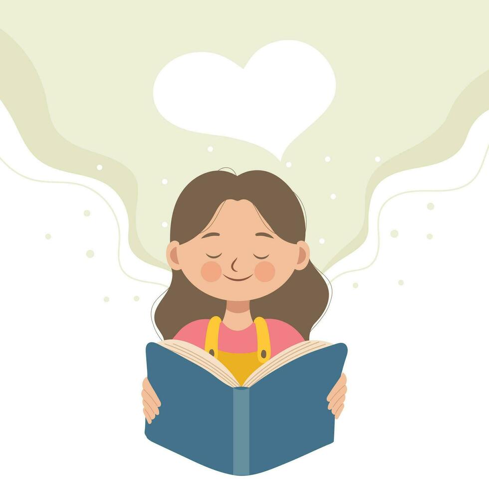 Cute little girl is reading a book or studying. Book lovers, readers, fans of modern literature, banner template. Education or training event concept. Vector