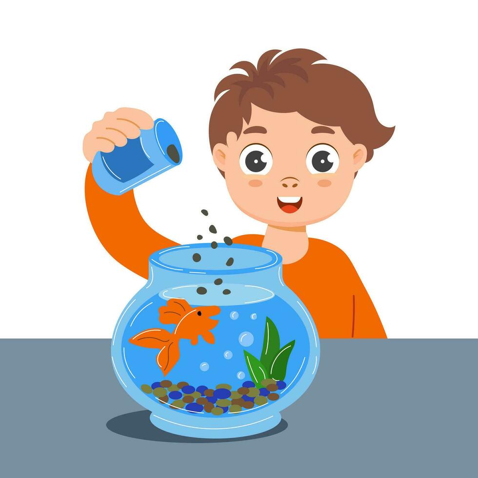 Cheerful little boy feed a fish in a glass aquarium. Pet care concept. Illustration, vector
