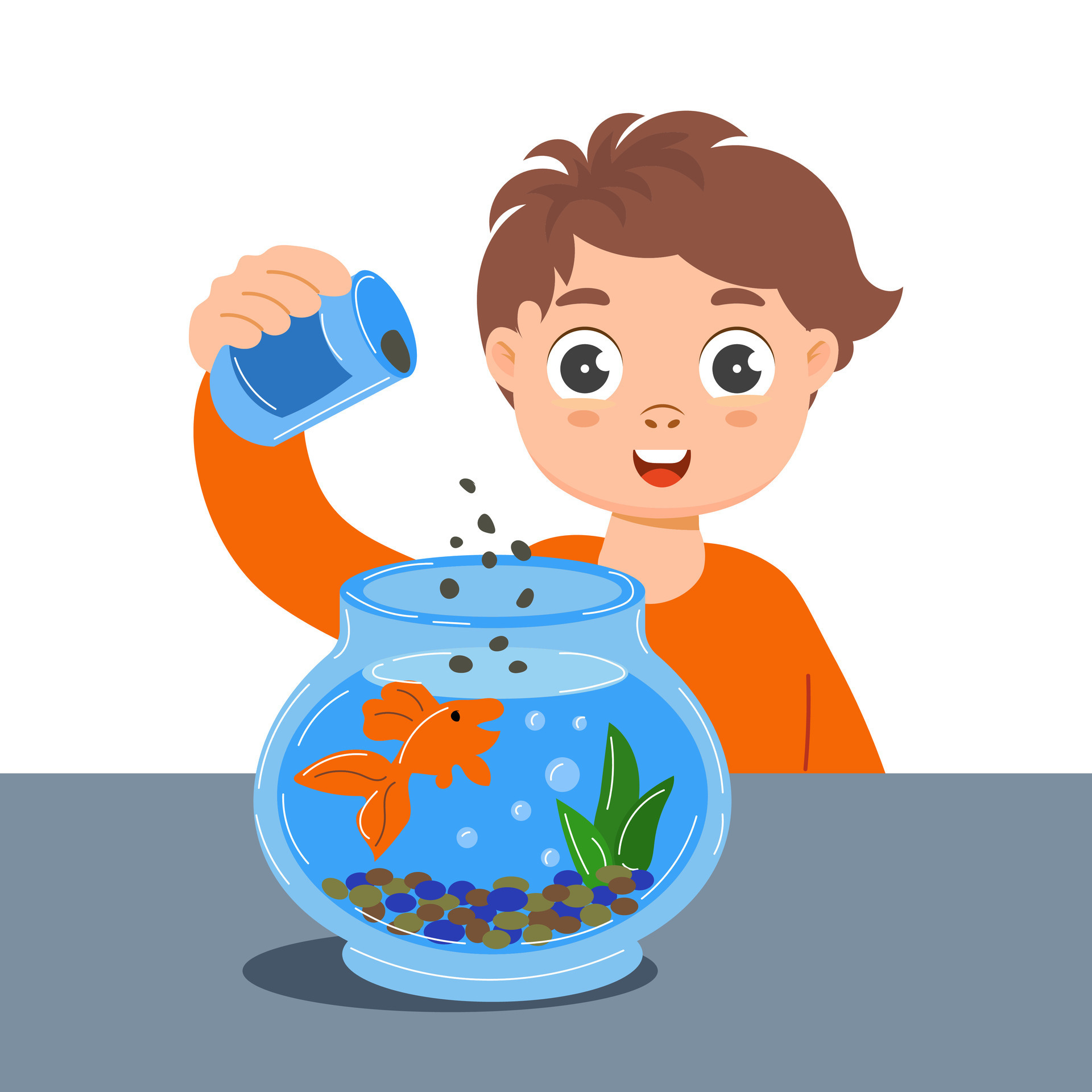Cheerful little boy feed a fish in a glass aquarium. Pet care concept