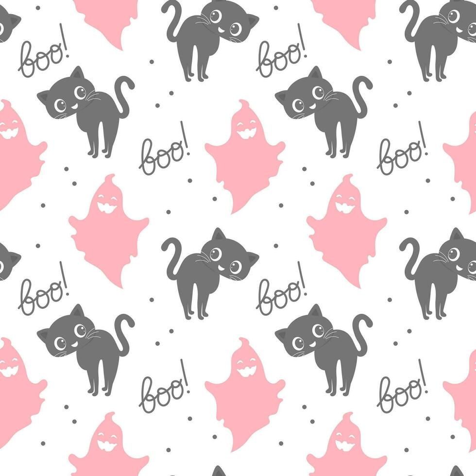 Seamless pattern, cute pink ghosts, cats and the word boo. Halloween print, background, textile, vector