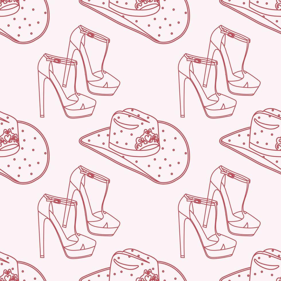 Cute pink seamless pattern with retro cowgirl hats and high heel shoes. Background, print for girls. Vector