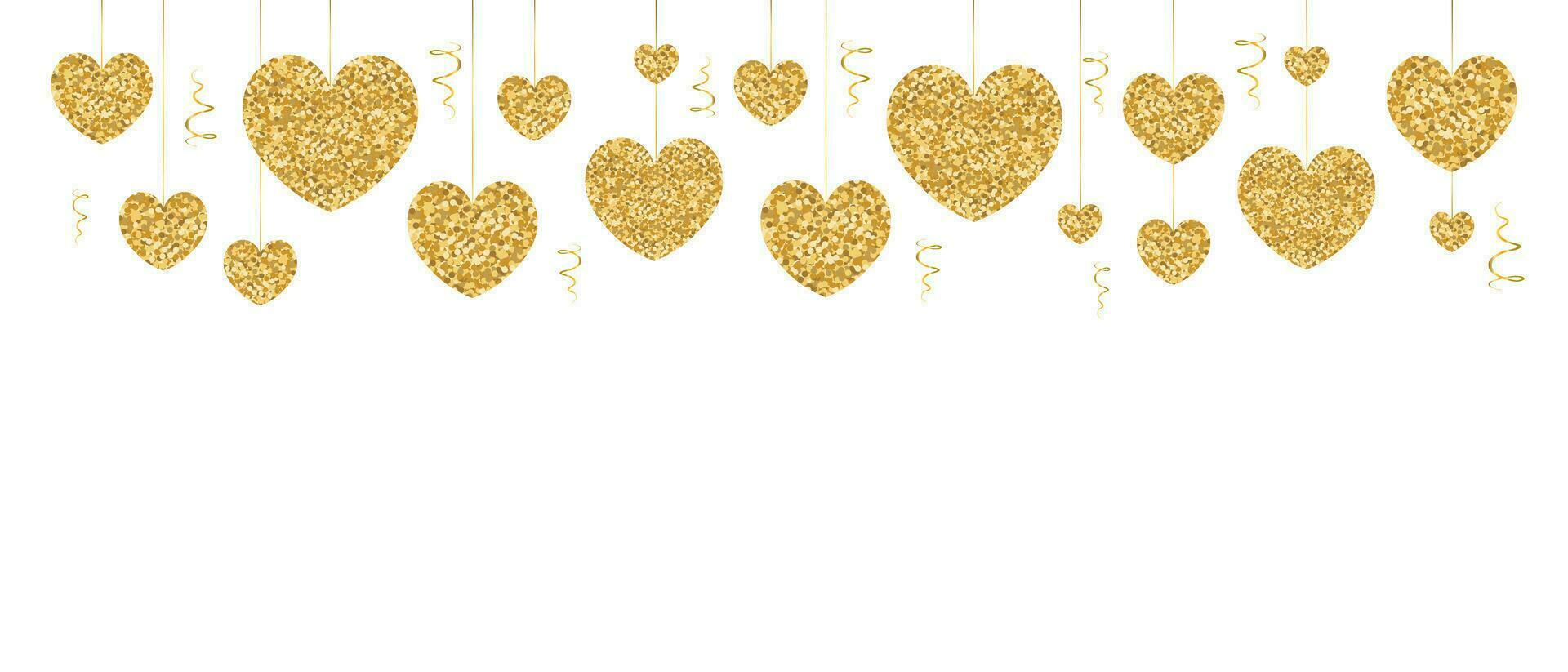 blanco antecedentes para texto con dorado Brillantina colgando corazones. festivo fondo.vector vector