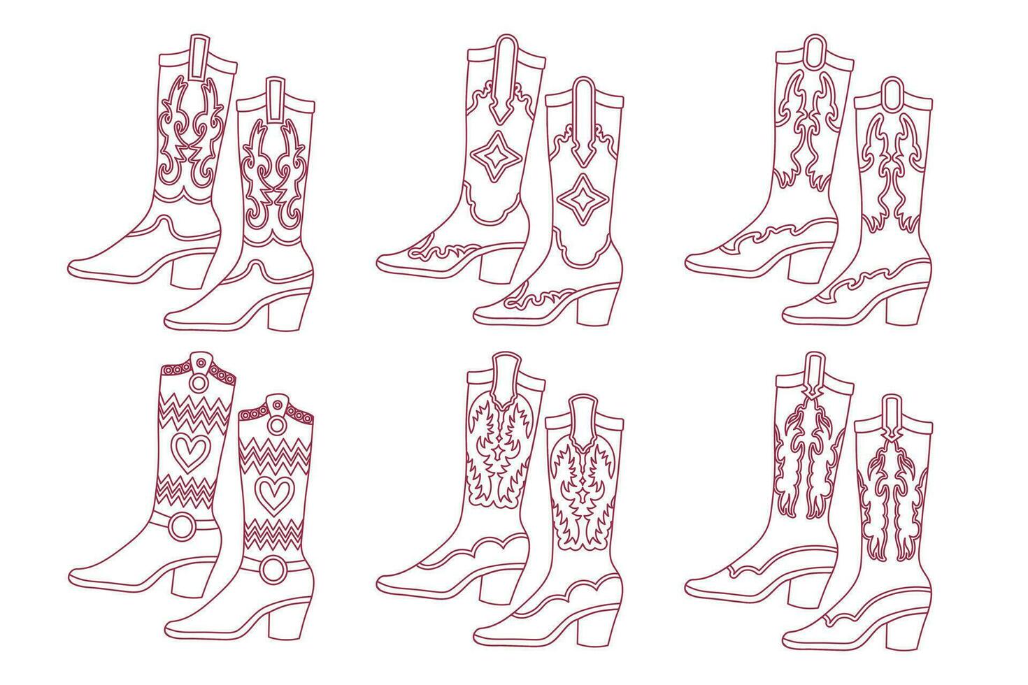 Set of pink cowgirl boots. Pink cowgirl boots with decorative details. Sketch. Vector