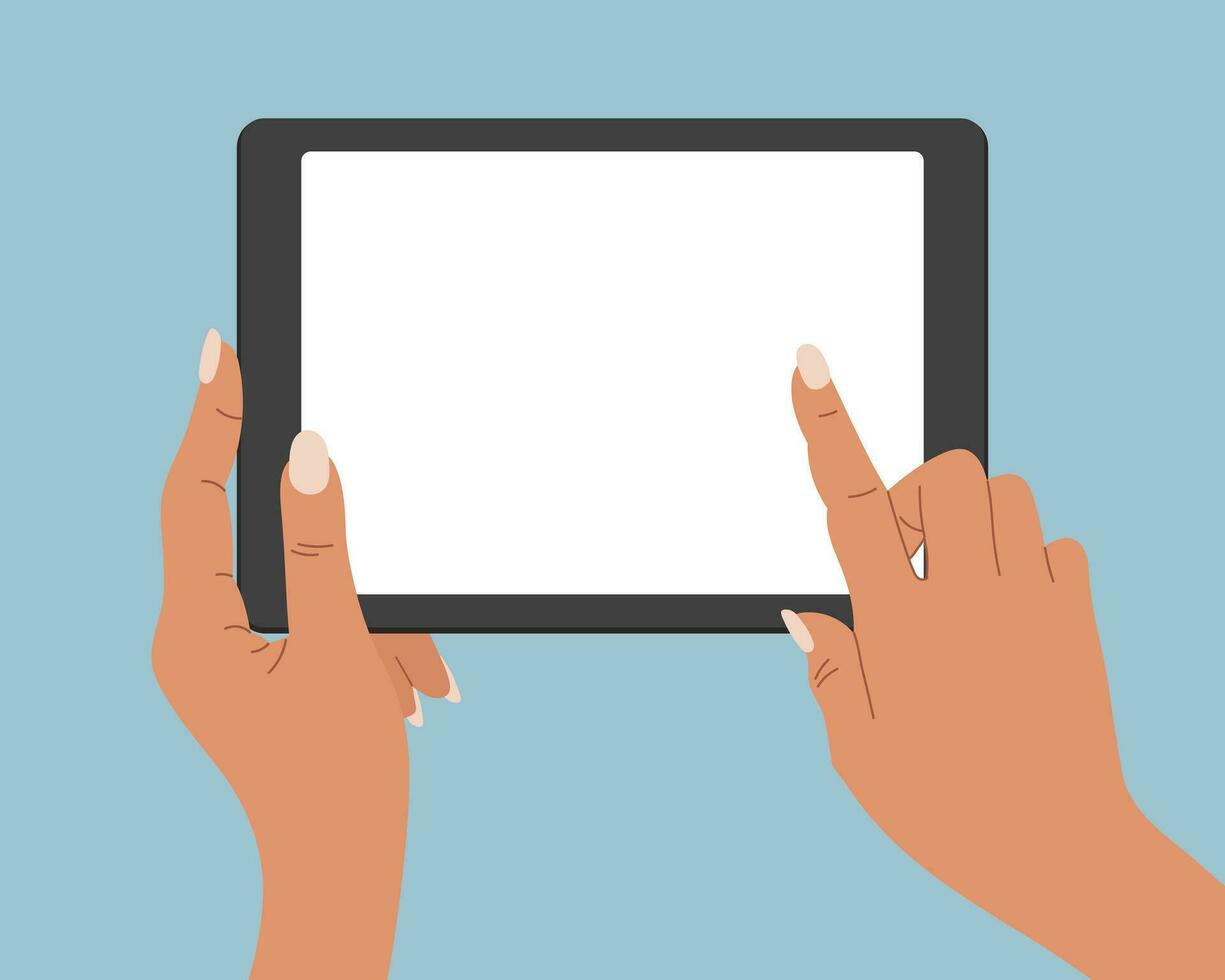 manos participación un blanco pantalla de un tableta computadora. tableta ordenador personal usar, plano diseño. vector