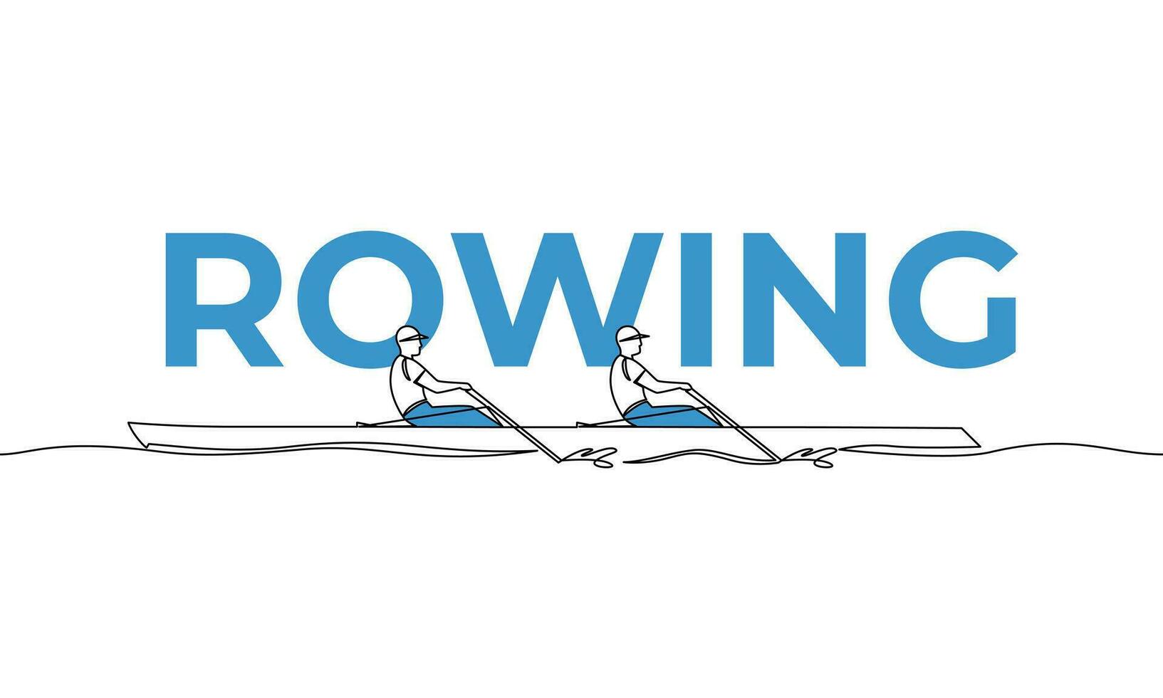 Single continuous drawing. Rowing. Water sport. Colored elements and title. One line vector illustration