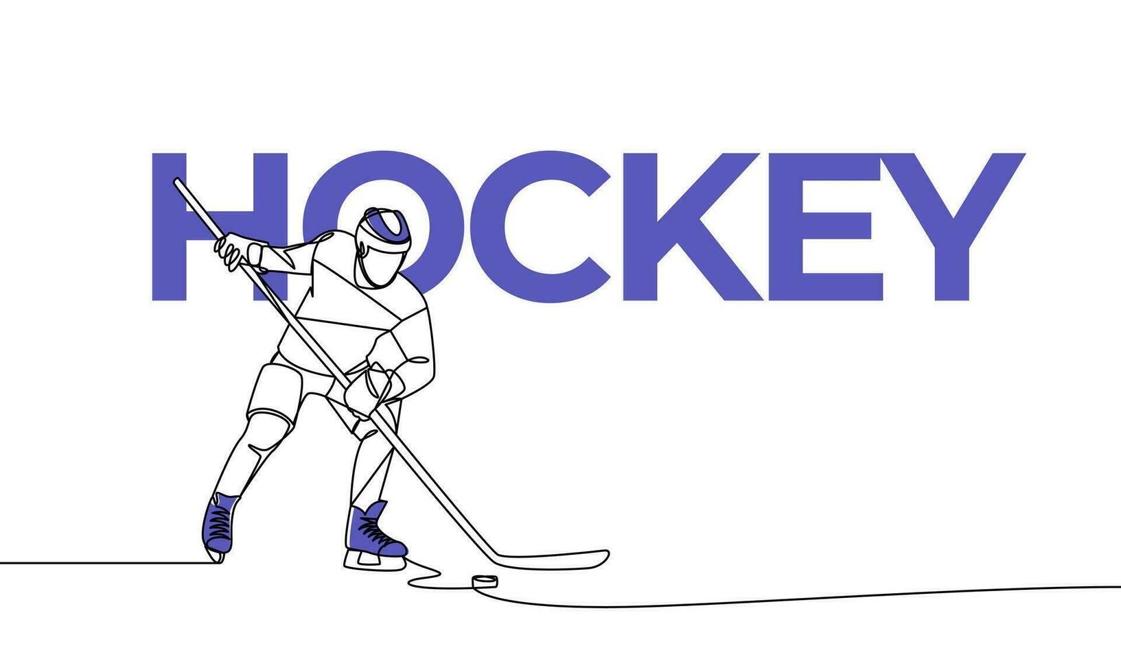 Single continuous drawing of a hockey player on the ice. Hockey. Colored elements and name. One line vector illustration