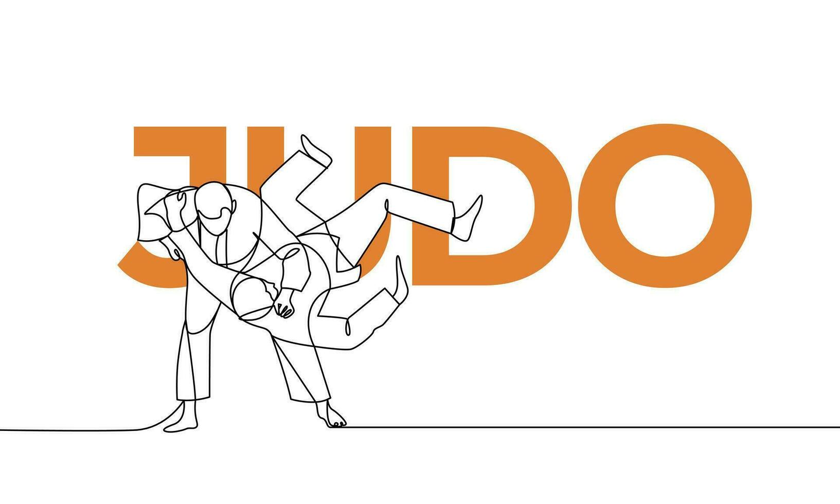 Single continuous drawing. Judo, Japanese martial art. Colored elements and title. One line vector illustration